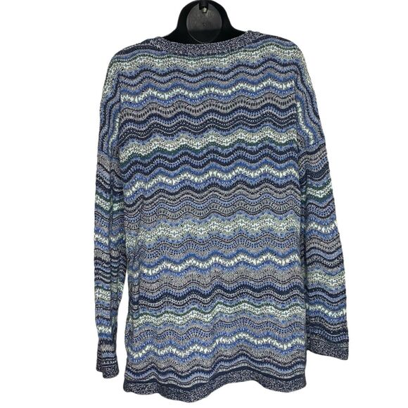 J Jill Sweater Womens M Blue Pullover Striped Wavy Chevron Crew Neck Side Slit - Picture 4 of 11